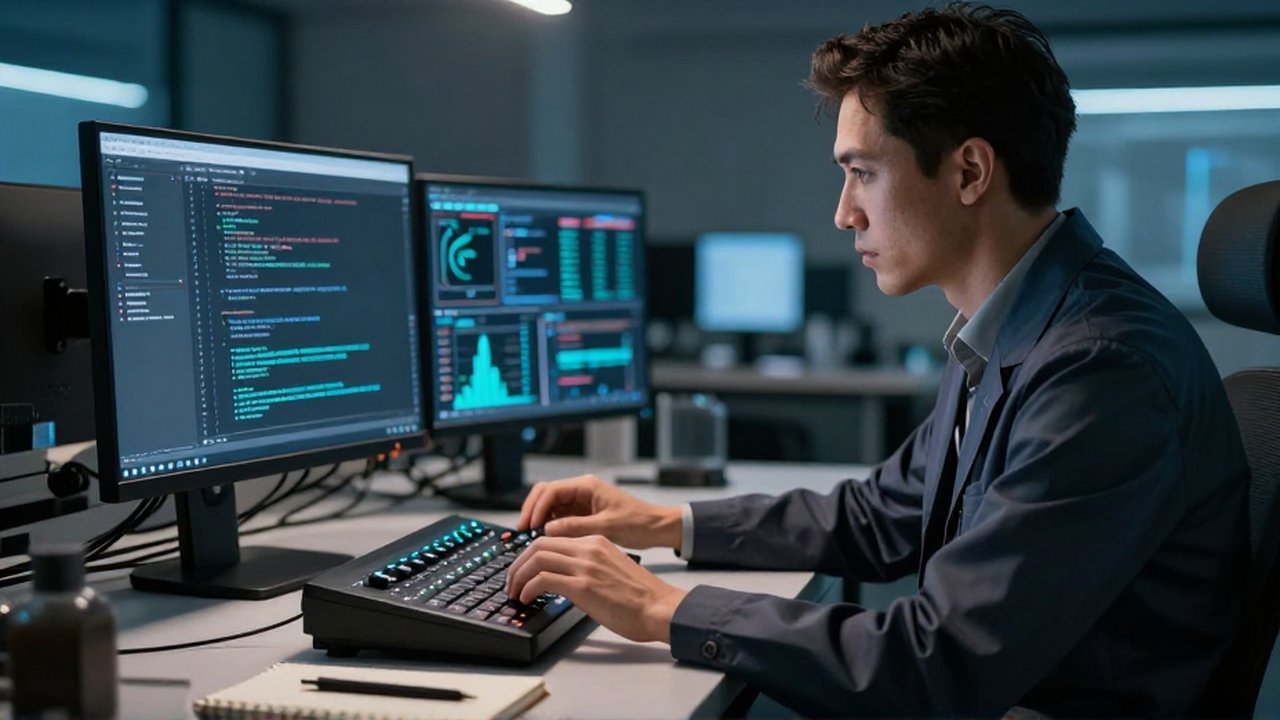 Científico de datos ajustando un controlador físico frente a un monitor con gráficos y código.