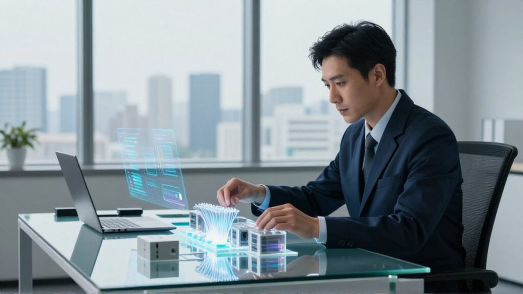Científico de datos organizando bloques digitales brillantes y filamentos luminosos en un escritorio tecnológico.
