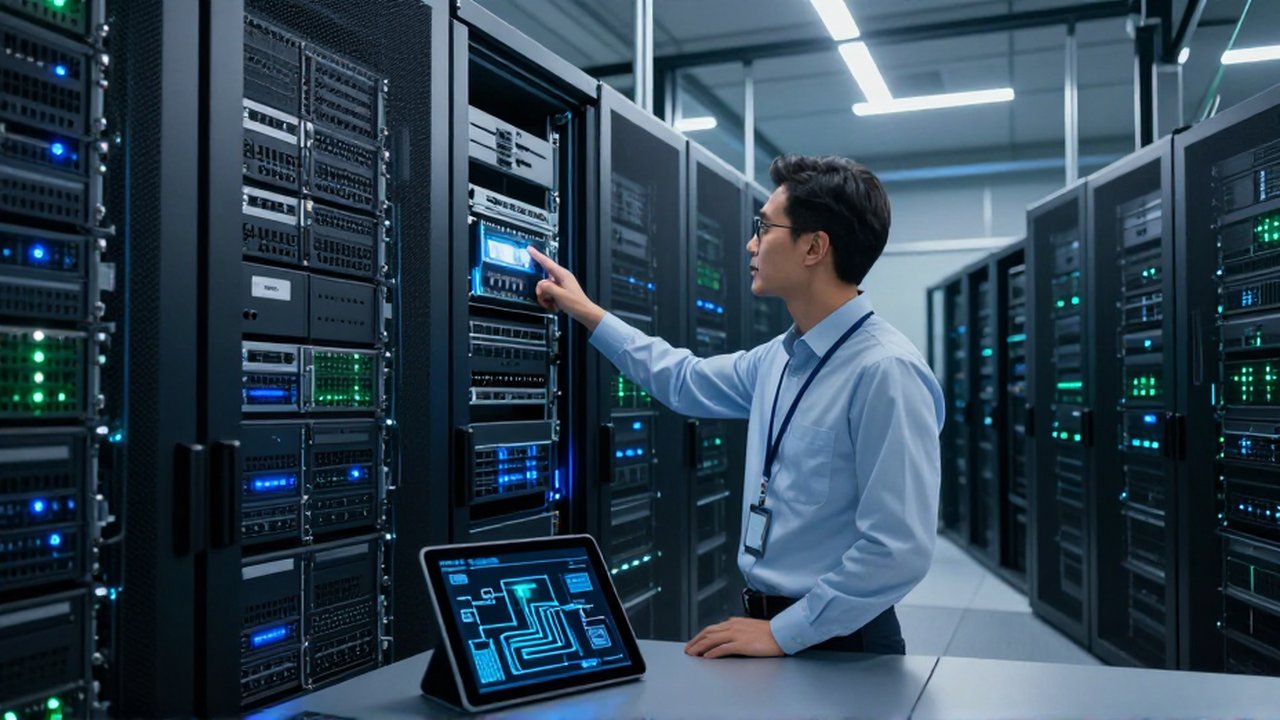 Arquitecto de datos analiza un componente modular en un moderno centro de datos con servidores iluminados.