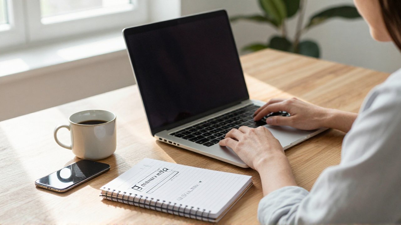 Primer plano de las manos de un profesional trabajando en un portátil sobre un escritorio minimalista.