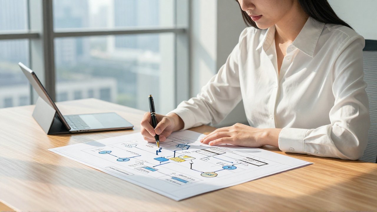 Mujer analizando diagramas de procesos y esquemas de flujo sobre un escritorio en una oficina luminosa.