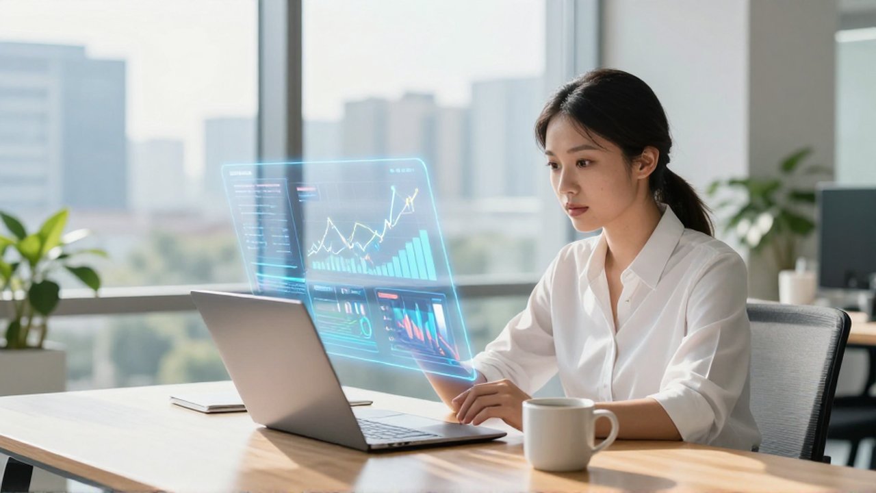 Analista de datos trabajando en una oficina moderna mientras estudia gráficos holográficos sobre su escritorio.
