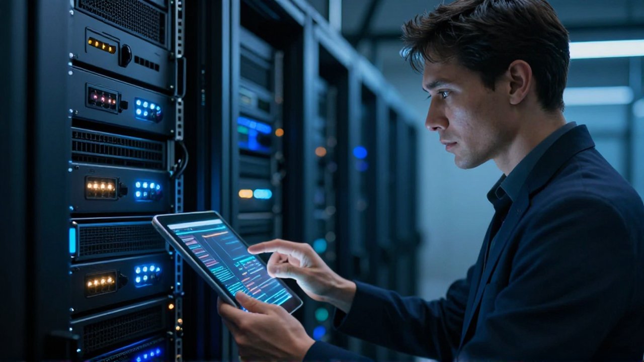 Experto en ciberseguridad inspecciona un rack de servidores con luces brillantes en un centro de datos moderno.
