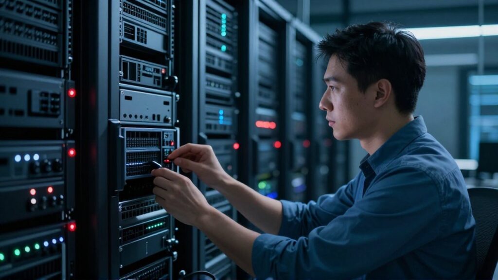Analista de ciberseguridad inspeccionando hardware en un centro de datos con una luz roja de advertencia.