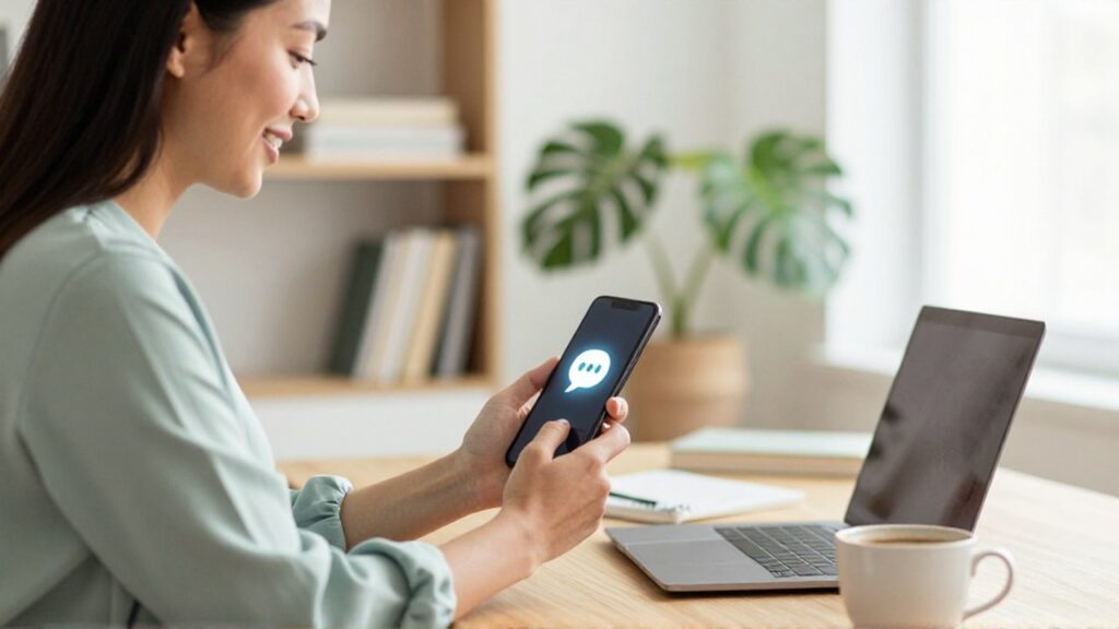 Mujer emprendedora sonríe mientras observa un icono de chat en su smartphone en un despacho iluminado.