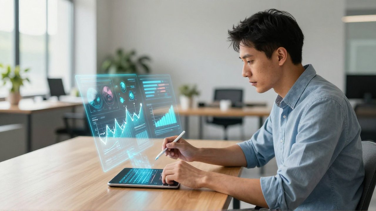 Analista de datos estudia gráficos holográficos de tendencias de negocio en una oficina moderna.