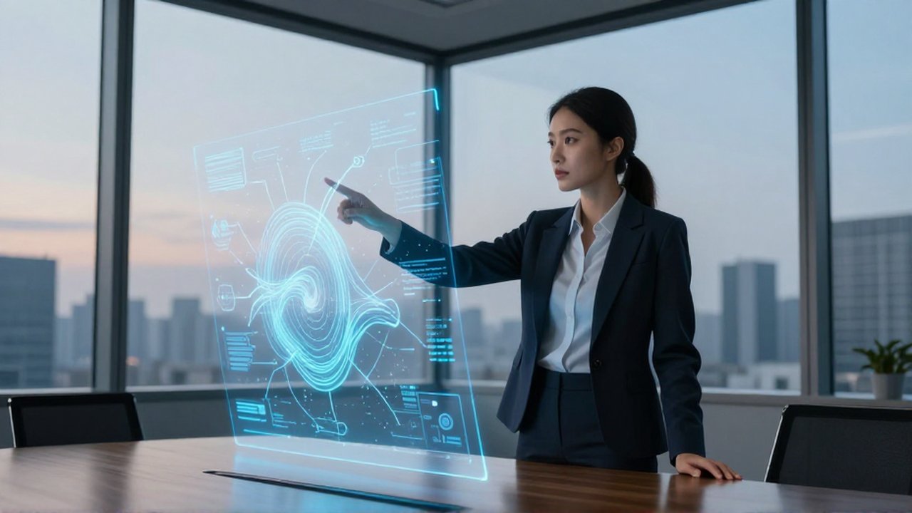 Estratega de negocios señalando un holograma de datos complejos en una oficina moderna con vistas a la ciudad.