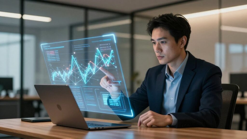 Analista de datos estudiando una visualización holográfica de tendencias y nodos en una oficina moderna.