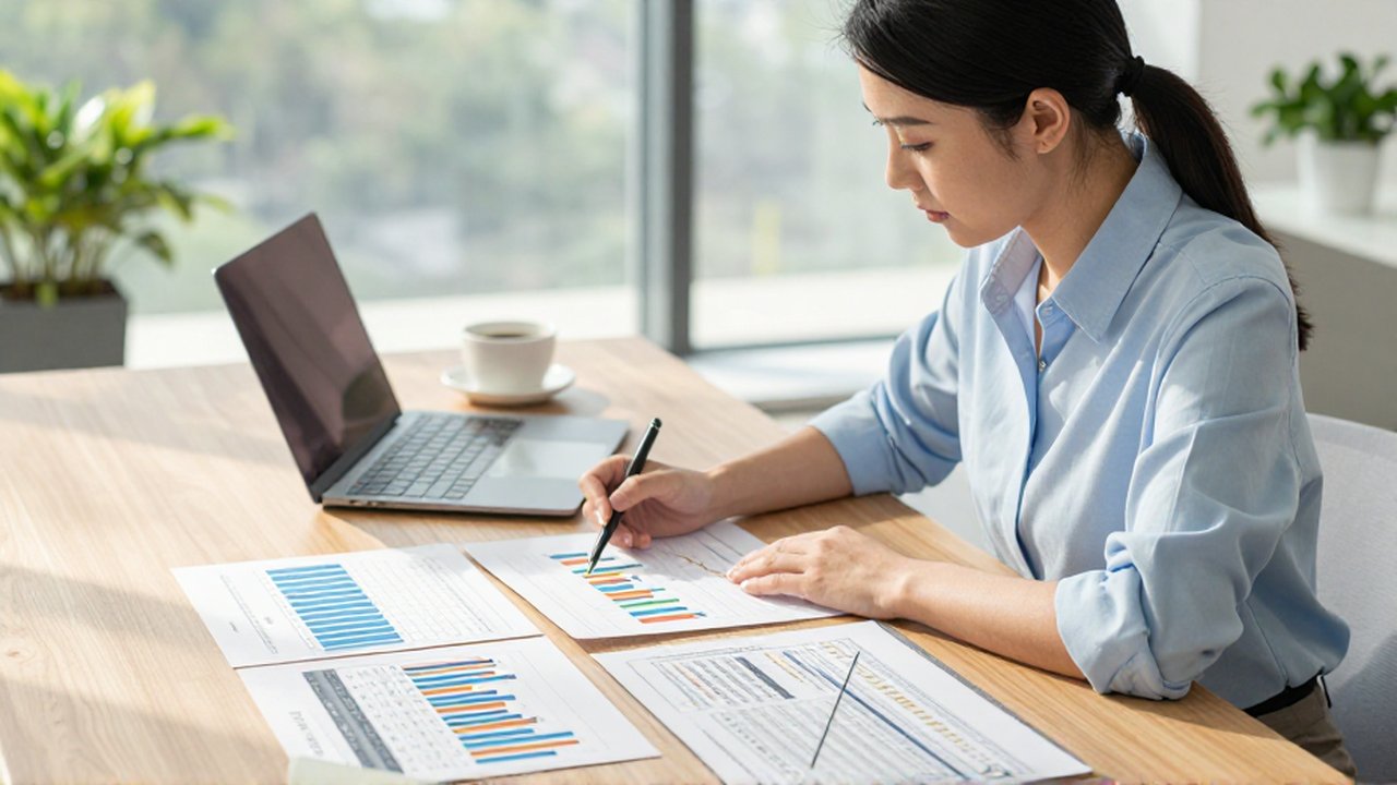 Analista de marketing estudia gráficos y hojas de datos sobre un escritorio en una oficina luminosa.