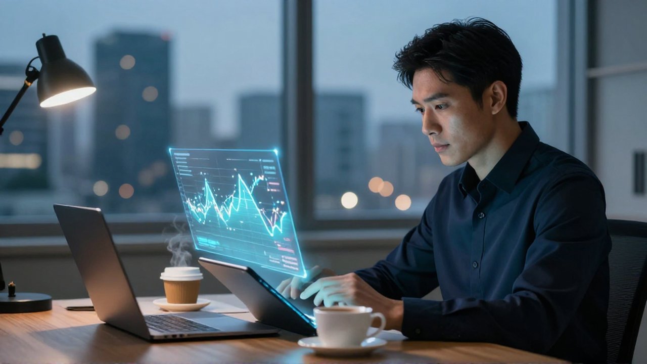 Analista de datos estudiando gráficos holográficos de tendencias predictivas en una oficina moderna al atardecer.