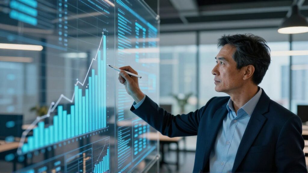 Analista de datos estudiando gráficos digitales proyectados en una oficina moderna y tecnológica.