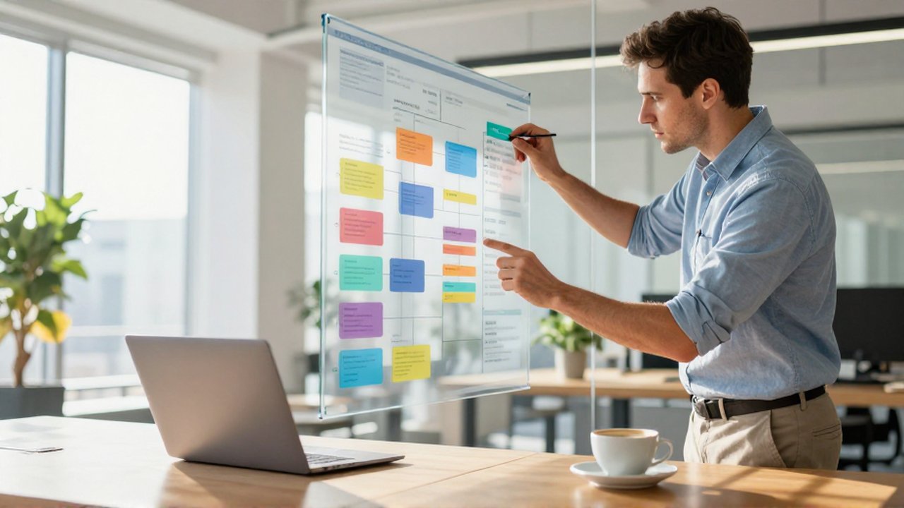 Gestor de proyectos organiza bloques de datos en una pantalla táctil dentro de una oficina luminosa.