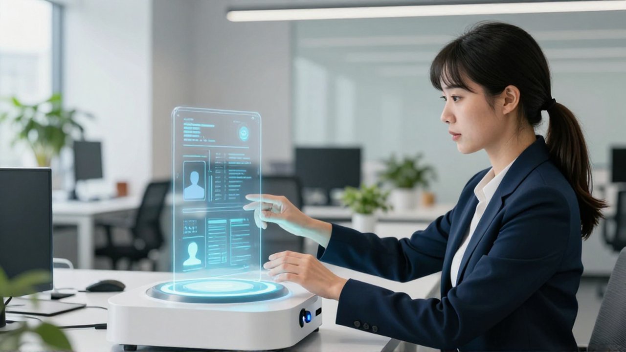 Diseñadora UX interactuando con una escultura de luz digital en un laboratorio tecnológico moderno.